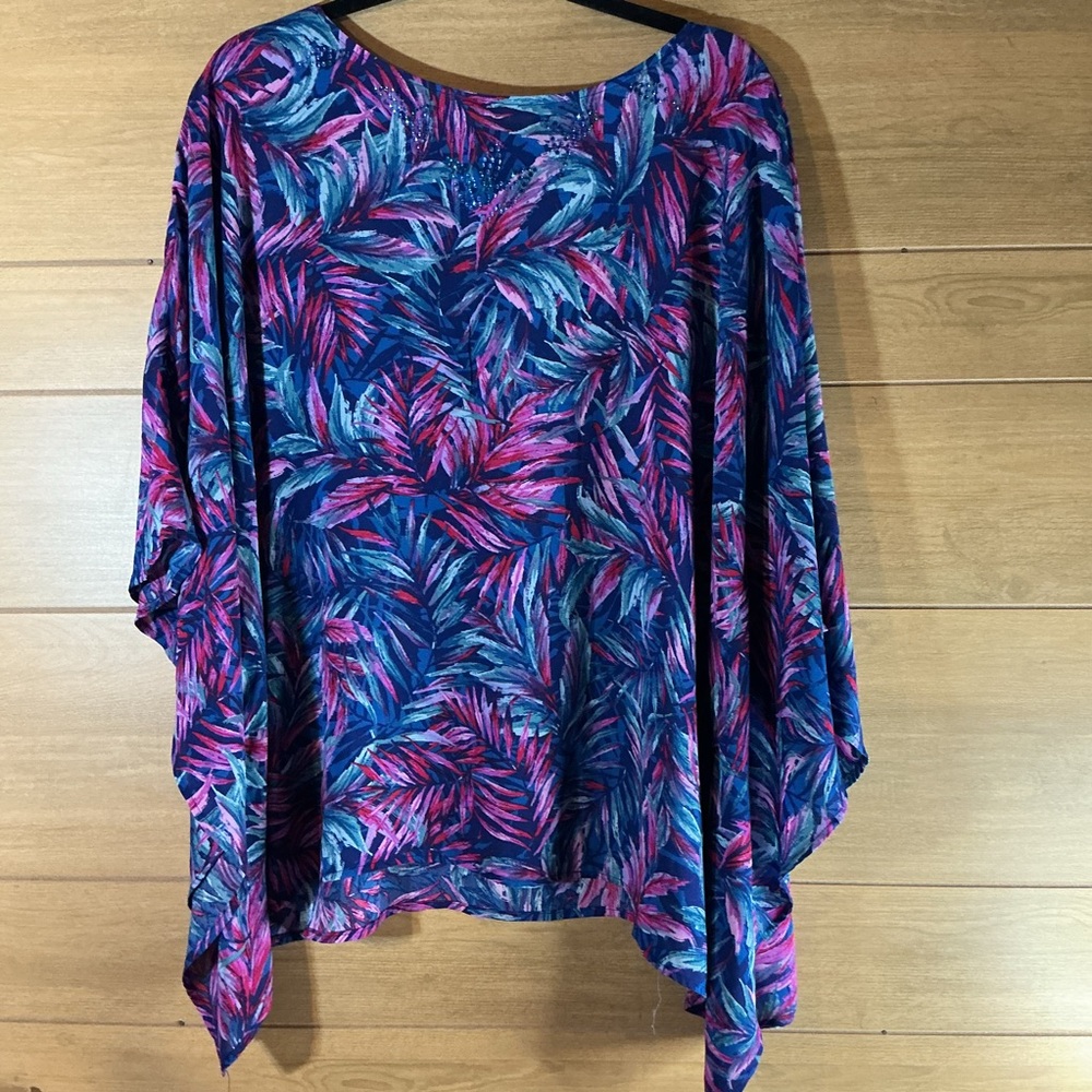 Quacker Factory Vibrant Leaf Print Blouse dolman sleeve 1X